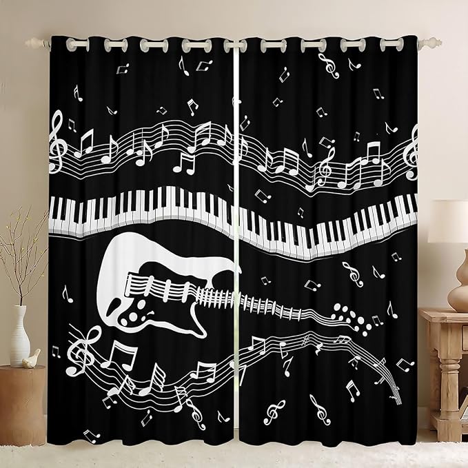 Rosebridal Guitar Curtains Piano Keys Musical Notes Window Curtains for Kids Boys Girls Teens White Black Music Theme Window Curtains Panels Rock Hip Hop Window Drapes 2 Panel 42" Wx63 L