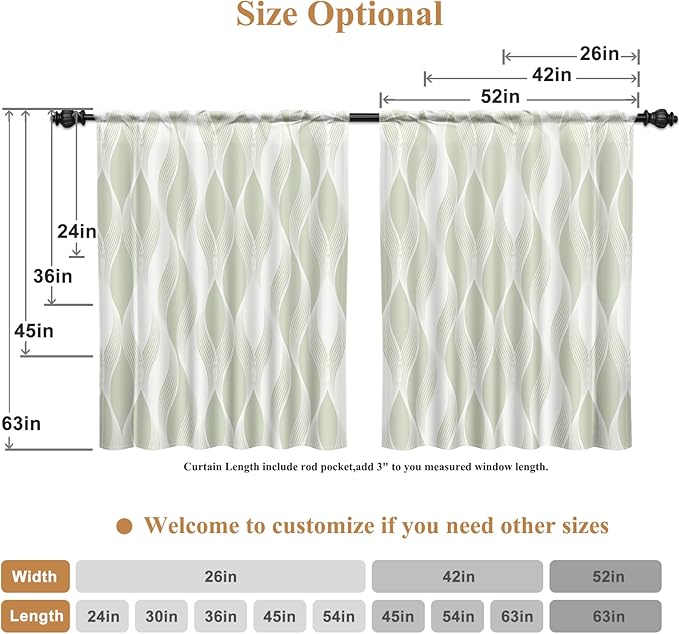 Renaiss 26 x 36 Inch Green Wave Stripes Cafe Kitchen Curtain Tiers Geometric Pattern Cafe Short Curtains Linen Textured Pinstripe Rod Pocket Window Treatmen Curtain for Dining Room Bathroom 2 Panels