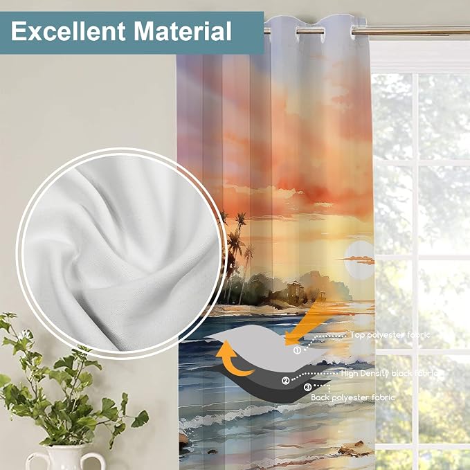 Shrahala Sunset Beach Thermal Insulated Blackout Window Curtains, Tropical Seaside Scene Long Drapes for Bedroom/Living Room with Plastic Grommet, 52X63 Set of 2