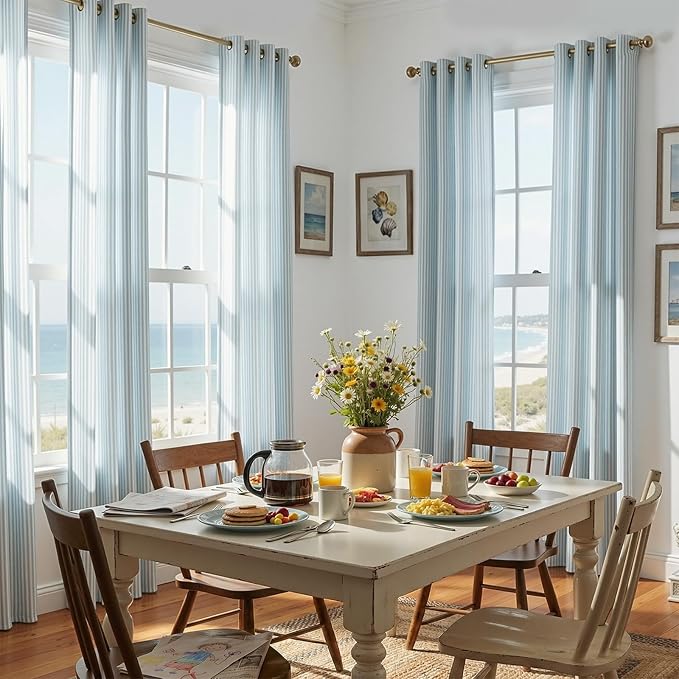 jinchan Linen Curtains 84 inch Aqua Blue Stripe on White Grommet 2 Panels | Curtains for Living Room Bedroom,Ticking Vertical Stripe ,Modern Beachy Coastal Drapes,Window Treatment,Light Filtering