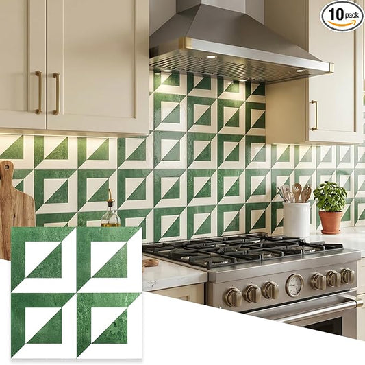 10-Sheets Stunning 3D Visuals Peel and Stick Backsplash Wall Tiles, PVC Mixed Metallic Look,Heat Resistant Stick on Tiles for Kitchen Wall,Bathroom,Laundry Room (Bronze Green+Polished White)
