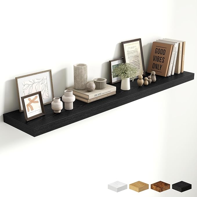 Fun Memories 55 Inch Fireplace Mantel Shelf, 10 Inch Deep Shelves for Display & Wall Storage, Rustic Wood Wall Shelf, Extra Long Floating Shelves for Living Room Laundry Room, Black, Set of 1