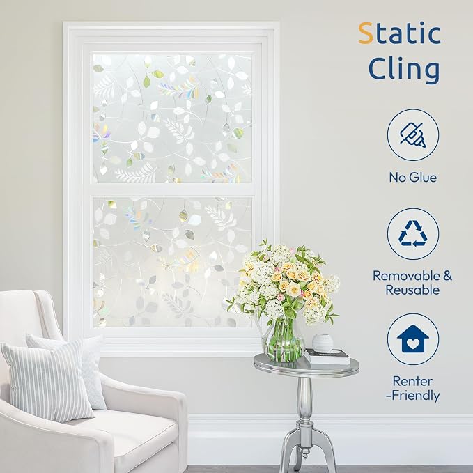 rabbitgoo Window Privacy Film, Frosted Glass Window Film, 29.5" x 78.7" | 3D Autumn Leaf, Stained Glass Removable Decorative Privacy Sticker, Non Adhesive UV Blocking Front Door Covering for Home