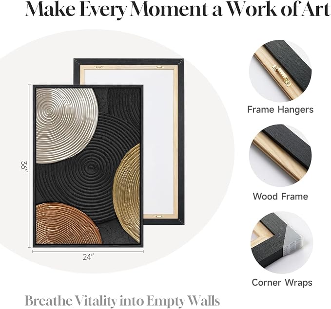 Large Framed Abstract Circles Wall Art Set of 2 for Living Room, Modern Minimalist Neutral Gold Black Beige Canvas Artwork for Walls, Luxury Painting Print Wall Decor for Bedroom Office, 24x36 Inch
