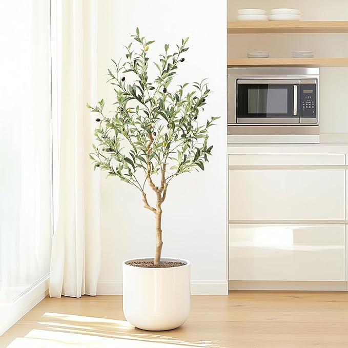 Nafresh Tall Faux Olive Tree，4Ft(48in) Realistic Texture Potted Silk Artificial Olive Tree， Fake Olive Trees Indoor Outdoor for Home Office Living Room Bedroom Foyer Porch Decor.