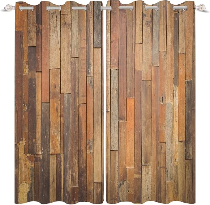 Wooden Curtains Vertical Planks Wooden Window Curtains Rustic Wooden Barn Door Grain Cottage Hardwood Garage Door Bedroom Living Room Window Drapes Decor with Grommets,42x108 inch,2 Panels