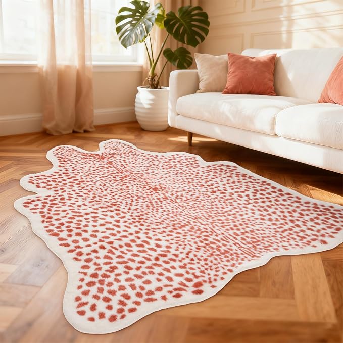 Leopard Rug, Pink Cheetah Print Rug 5.2x6.8ft Faux Cowhide Animal Fur Skin Printed Hide Cheetah Area Rugs Carpet for Bedroom Livingroom Home