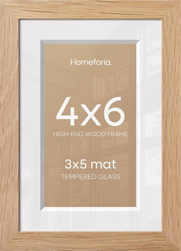 Homeforia 4x6 Picture Frame Wood, High End Natural Oak 4x6 Light Wooden Frames with Mat 3x5 for Photo, 4 x 6 Frame Matted to 3 x 5 Print, 4 x 6 Wall or Tabletop Frame, Tempered Glass, Wall Kit, Set of 3