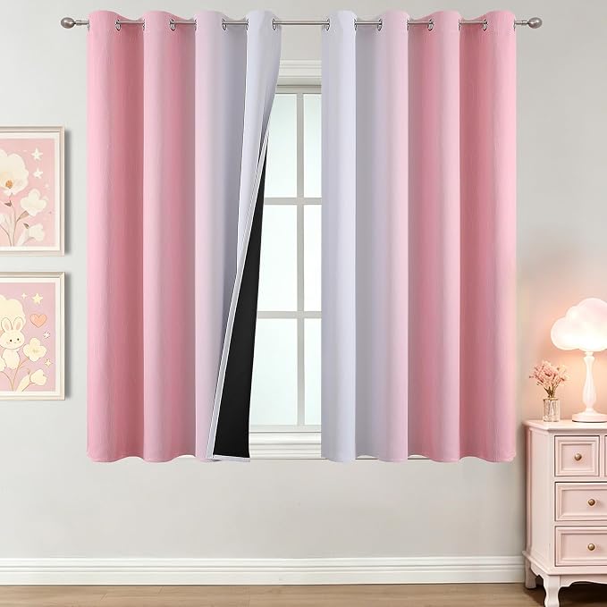 Estelar Textiler Pink and Greyish White Ombre Blackout Curtains 54 Inch Long for Kids Bedroom, Room Darkening Thermal Insulated Grommet Gradient Window Drapes for Living Room/Nursery, 52Wx54L,2 Panels
