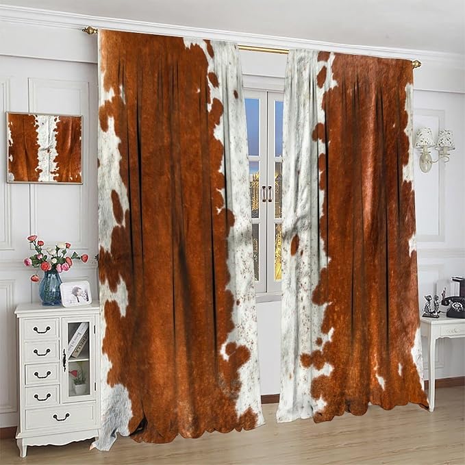 Cowhide Blackout Curtain, Retro Farmhouse Animal Spotted Brown White Cow Texture Print Drapes, Window Treatments Rod Pocket 2 Panels Curtains for Dining Room Bedroom Office Cafe Decor 55"W X 63"L