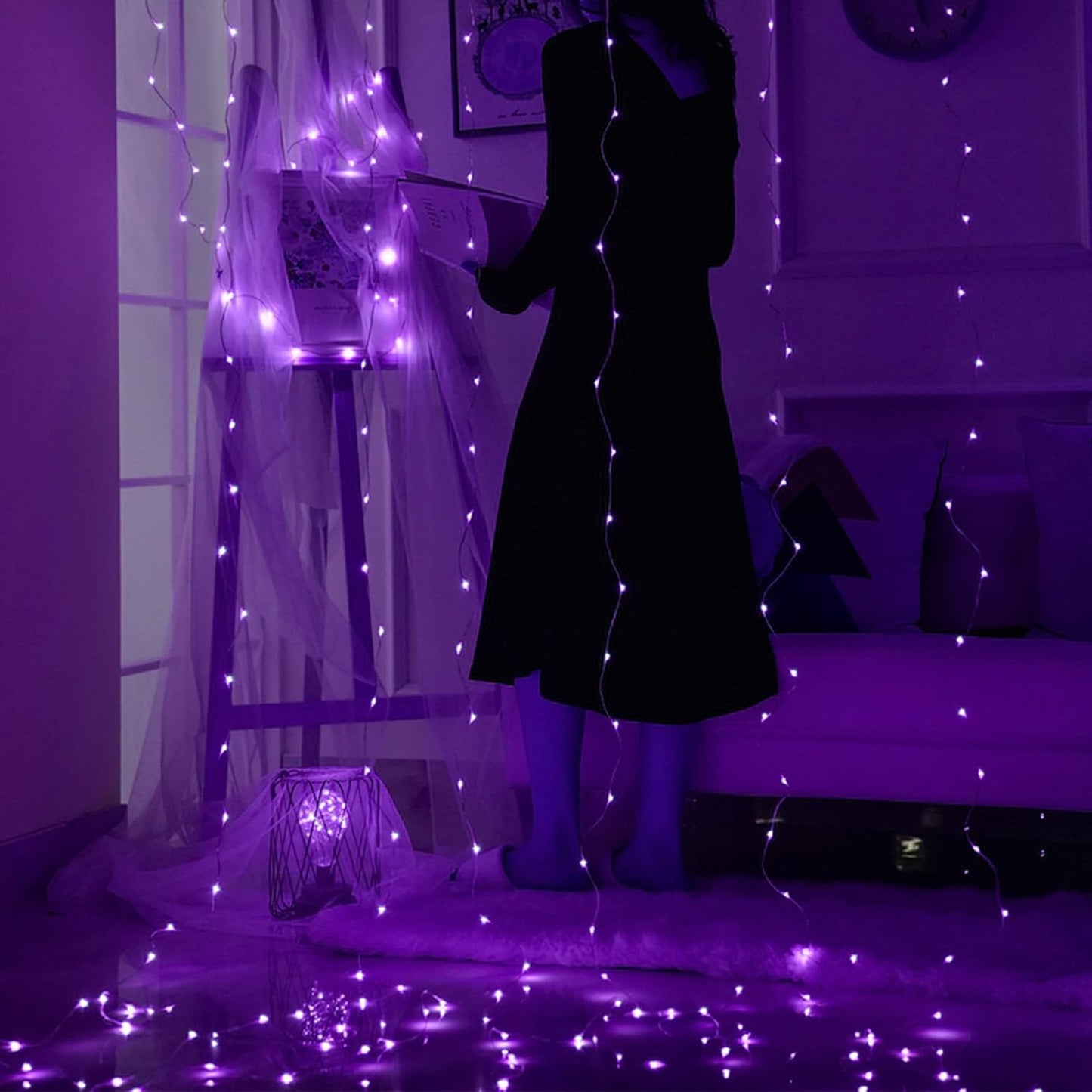 HOME LIGHTING Window Curtain String Lights, 300 LED 8 Lighting Modes Fairy Copper Light with Remote, USB Powered for Halloween Christmas Bedroom Party Wedding Home Garden Wall Decorations, Purple