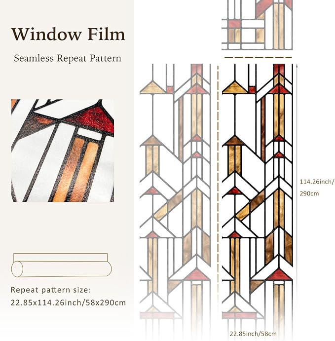 Faux Stained Glass Effect Window Privacy Film, Original Hand Drawn Static Cling Texture Sticker Inspired by Frank Lloyd Wright, 22.83" x114.17" Hollyhock House, Boho