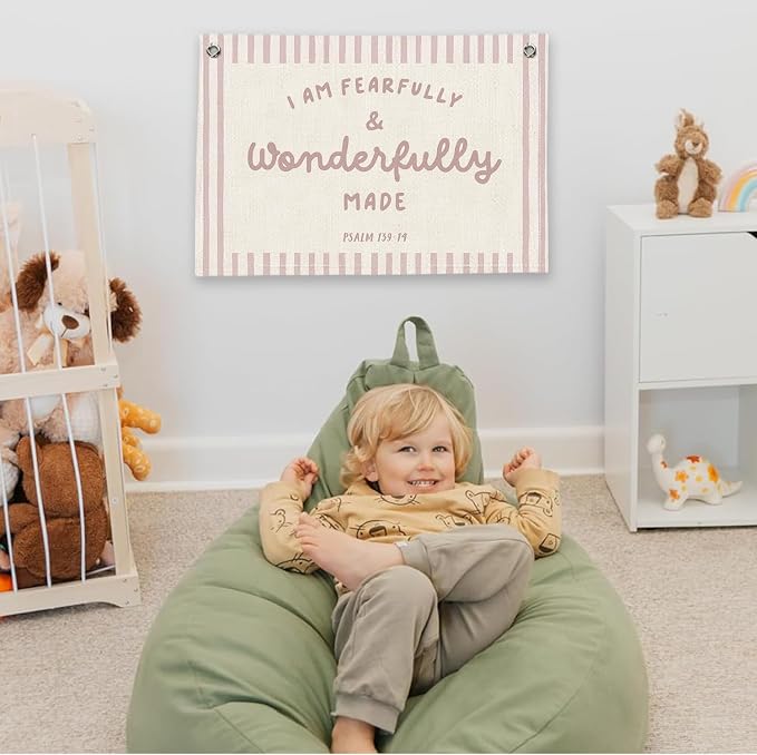 RTXLEZM Girls Room Decor,I Am Fearfully and Wonderfully Made Banner | Pink Christian Nursery Decor,Christian Canvas Banner Wall Hanging,Religious for Kids Room Classroom Bedroom Playroom, 20x30