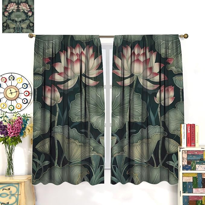 William Morris Lotus Blackout Curtains, Vintage Country Farmhouse Flowers Green Leaves Boho Window Drapes, for Living Room Bedroom 72" W X 63" L