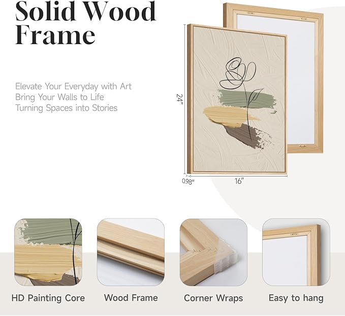 3 Piece Framed Abstract Boho Wall Art Bedroom 16x24 Inch | Large Neutral Canvas Print Painting, Modern Minimalist Line Face Botanical Picture Artwork Decor for Living Room Dining Room