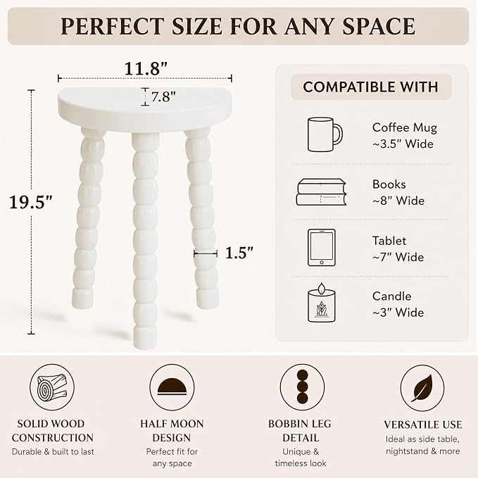 LitaEther 19.5" Wooden Bobbin Leg Side Table - Half Round Table - Wooden Accent Stool- Half Moon Tripod Table for Bedroom, Hallway, Living Room, Sofa Side (White,1pcs)