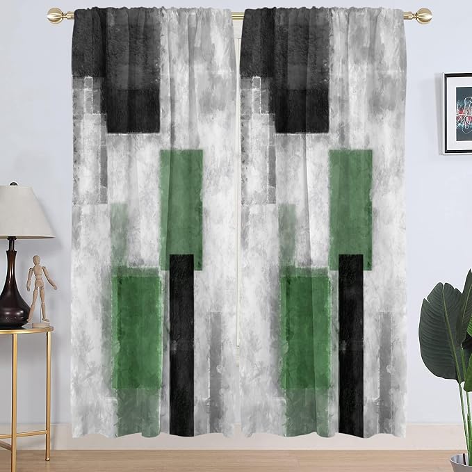 AAtter Green Window Curtain Extra Long Wide Large Tall Sage Black White Plaid Dark Olive Emerald Grey Gray Modern Abstract Living Room Bedroom Drapes Treatment Fabric 1 Pair, 52" W x 84" L, Checkered
