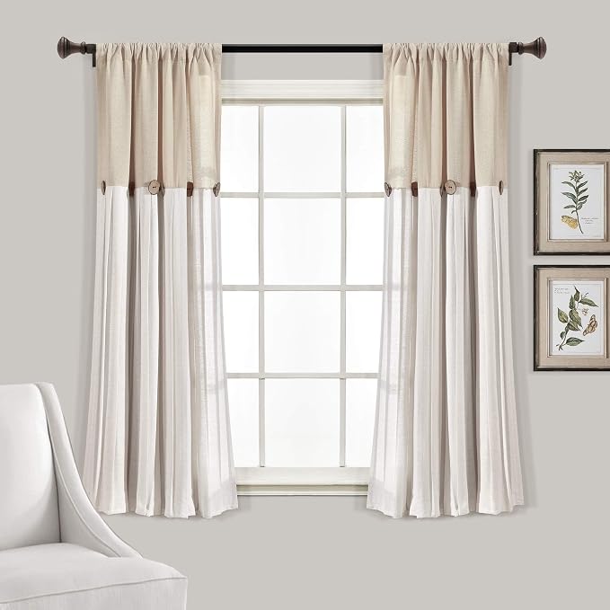 Lush Decor Linen Button Farmhouse Curtains, Single Panel, Pleated Two Tone Design 40" W x 63" L, Linen (Pack of 6)