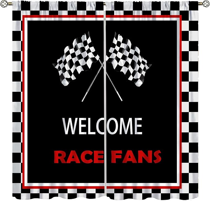 Racing Theme Blackout Curtain,Checkered Flag Black White Race Car Window Curtains Cloth Farbic for Kitchen Bedroom Cafe Dining Room Office Living Room Drapes, 42x63 in
