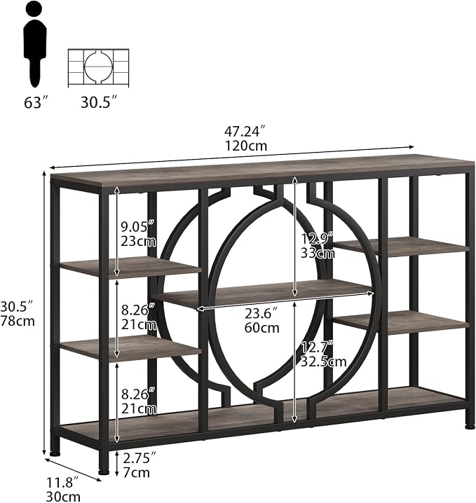 GiftGo 47" Industrial Console Tables for Entryway Rustic Sofa Table Behind Couch 4 Tier Wooden Shelves Entry Table with Storage for Foyer, Hallway, Front Door,Living Room (Retro Grey, 47")