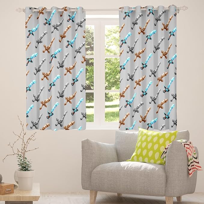 Castle Fairy Colorful Sword Window Curtain,Sandbox Blocke Building Bedroom Decor Curtains for Kids Boys Teens,Video Games Window Treatment Grey Modern Blackout Drapes 2 Panels,42Wx63L
