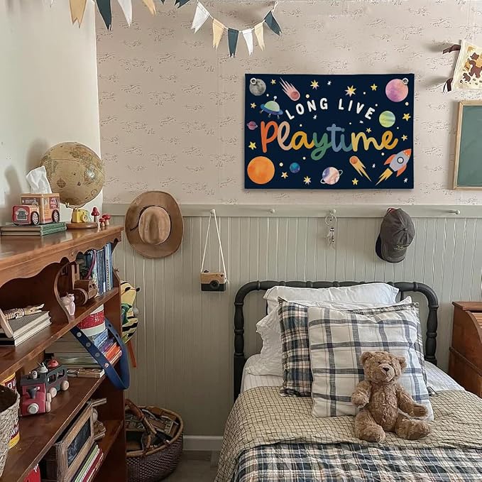 Playroom Wall Decor, Kids Toddler Boy Playroom Space Nursery Decor Hanging Linen Banner, Play Room Wall Decor for Kids Boys Nursery, 20x30 Inch
