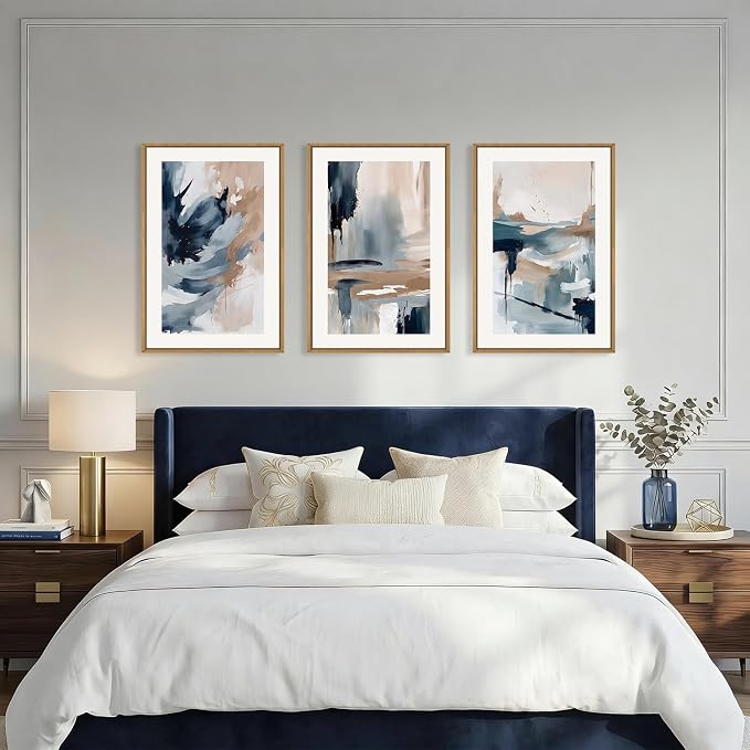 Abstract Navy Blue Framed Canvas Wall Art Set,Neutral Brush Stroke Wall Decor,Watercolor Pastel Brown Artwork,Modern Minimalist Color Block Art Print for Living Room,Bedroom,Office-24 x36 x3