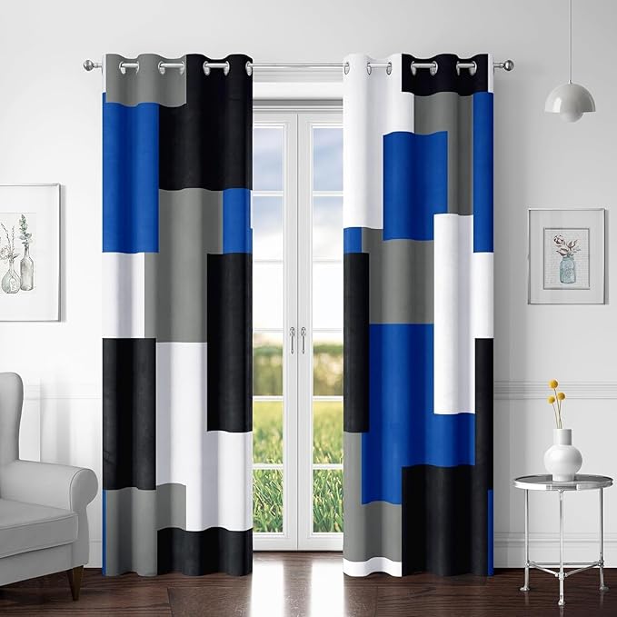 Tyrot Royal Blue 100% Blackout Curtains for Bedroom 96 inch Long 2 Panels Set Navy Blue Modern Abstract Black Out Curtains Black Grey Insulated Room Darkening Window Drapes for Living Room, 52Wx96L