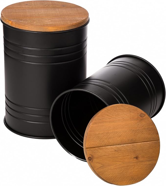 Glitzhome Rustic End Table Set of 2, Farmhouse Galvanized Metal Barrel Ottoman Storage Stool with Round Wood Lid for Living Room Furniture, Black