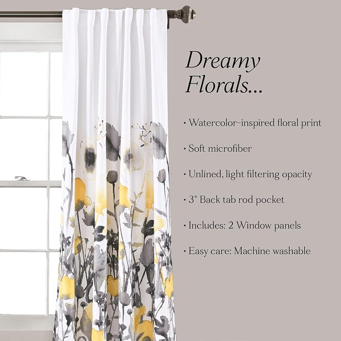 LUSH DÉCOR, 95” x 52”, Yellow and Gray Lush Decor Zuri Flora Curtains Light Filtering Window Panel Set for Living, Dining, Bedroom (Pair)