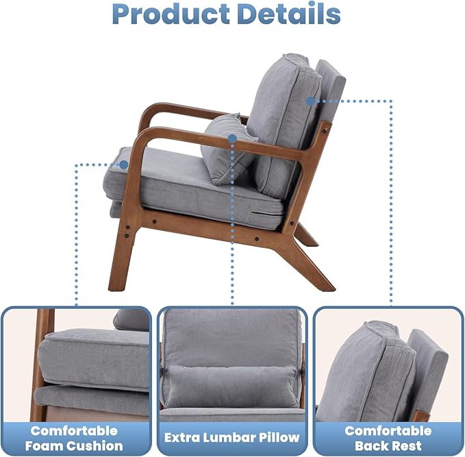 DUMOS Mid Century Modern Accent Chair, Armchair with Lumbar Pillow and Waist Cushion, Solid Wood Frame Lounge Chair for Living Room, Bedroom, Reading Nook, Small Apartment Corner, Classic Grey