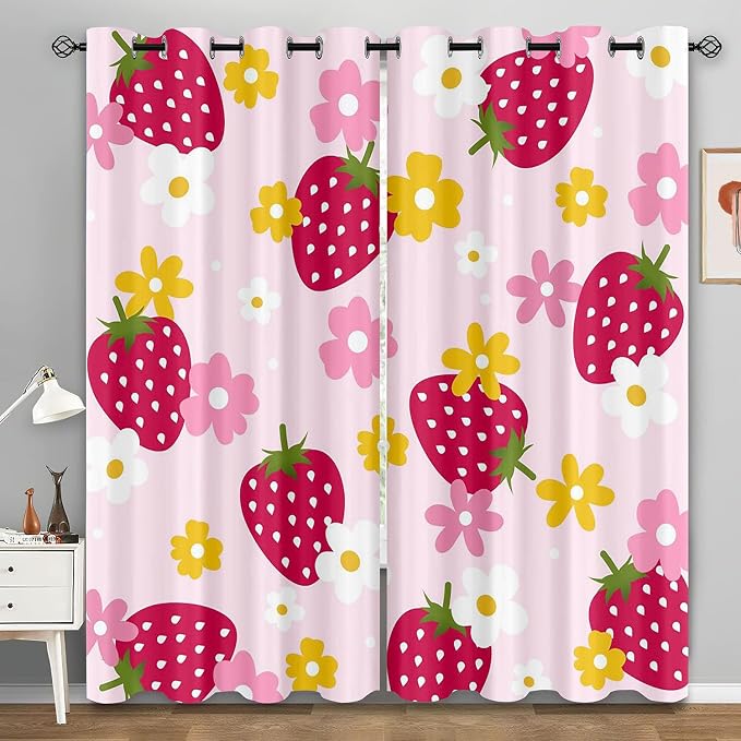 LUVIVIHOME Cute Strawberry Curtains, Yellow White Pink Floral Blackout Curtains, Girls Bedroom Decor, Girly Curtains, 2 Panel Sets, 52x84 Inch