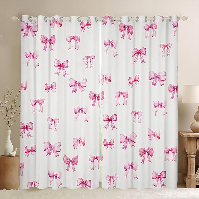 Feelyou Pink Girls Bow Room Darkening Blackout Curtain Boys Girls (2 Panels, 52 x 90 Inch) Bow Curtains for Bedroom Living Room Cute Bowknot Blackout Curtains Kawaii Window Treatments