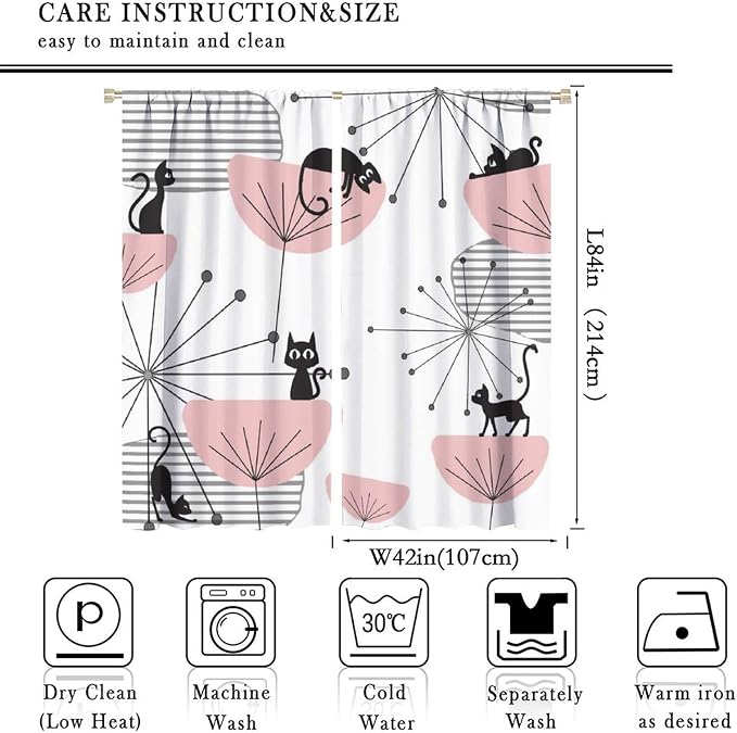 JESTRONRY Mid Century Cat Curtains, Pink Atomic Abstract Geometric 1950s 1960s Retro Style Rod Sleeves Window Drapes for Bedroom Living Room Home Decor 84x84in