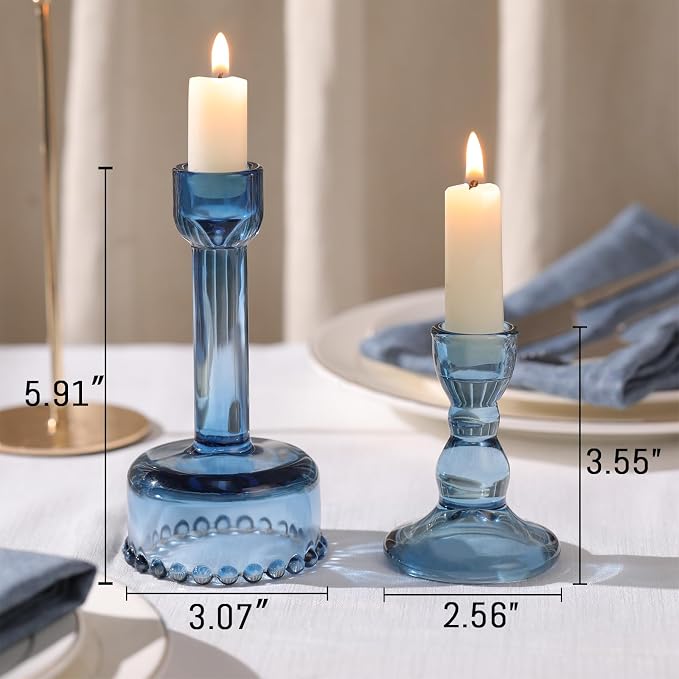 Lanttu 6 Pcs Blue Glass Candlestick Holders Taper Candle Holder Bulk | Crystal Candle Holders for Wedding, Table Centerpiece, Home Decoration