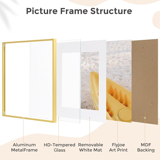 FLYJOE 16x16 Metal Square Picture Frame For Wall With Mat For 12x12, 16''x16'' Aluminum Photo Frames With Tempered Glass For Home Decor, Minimalist Modern Poster Frame Horizontally Vertically, Gold