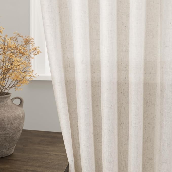 Nanspring Beige Linen Curtains 108 Inches Long 2 Panels Back Tab Rod Pocket Modern Farmhouse Linen Light Filtering Curtains Extra Long Semi Sheer Curtain Drapes for Living Room Bedroom 9Ft 60x108