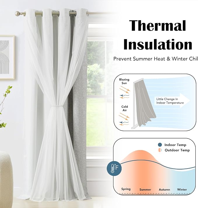 Ombre 100% Blackout Curtains 84 Inches Long 2 Panels for Bedroom Living Room Grey and White Double Layer Sheer Overlay Mix & Match Grommet Thermal Soundproof Drapes with Tiebacks, 52x84