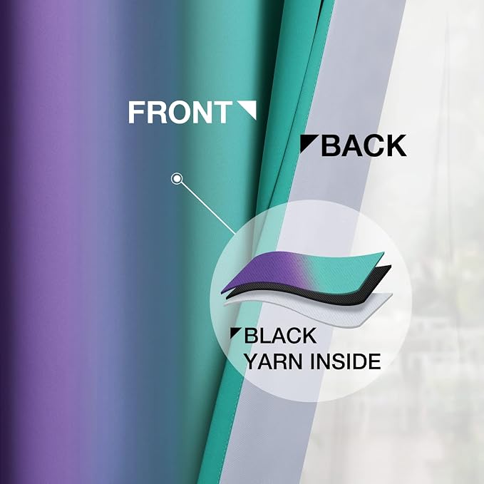 Yakamok Ombre Teal and Purple Curtains for Bedroom, Gradient Room Darkening Curtains, Grommet Thermal Insulated Light Blocking Window Drapes/Curtain for Living Room,52 x 63 Inch,2 Panels