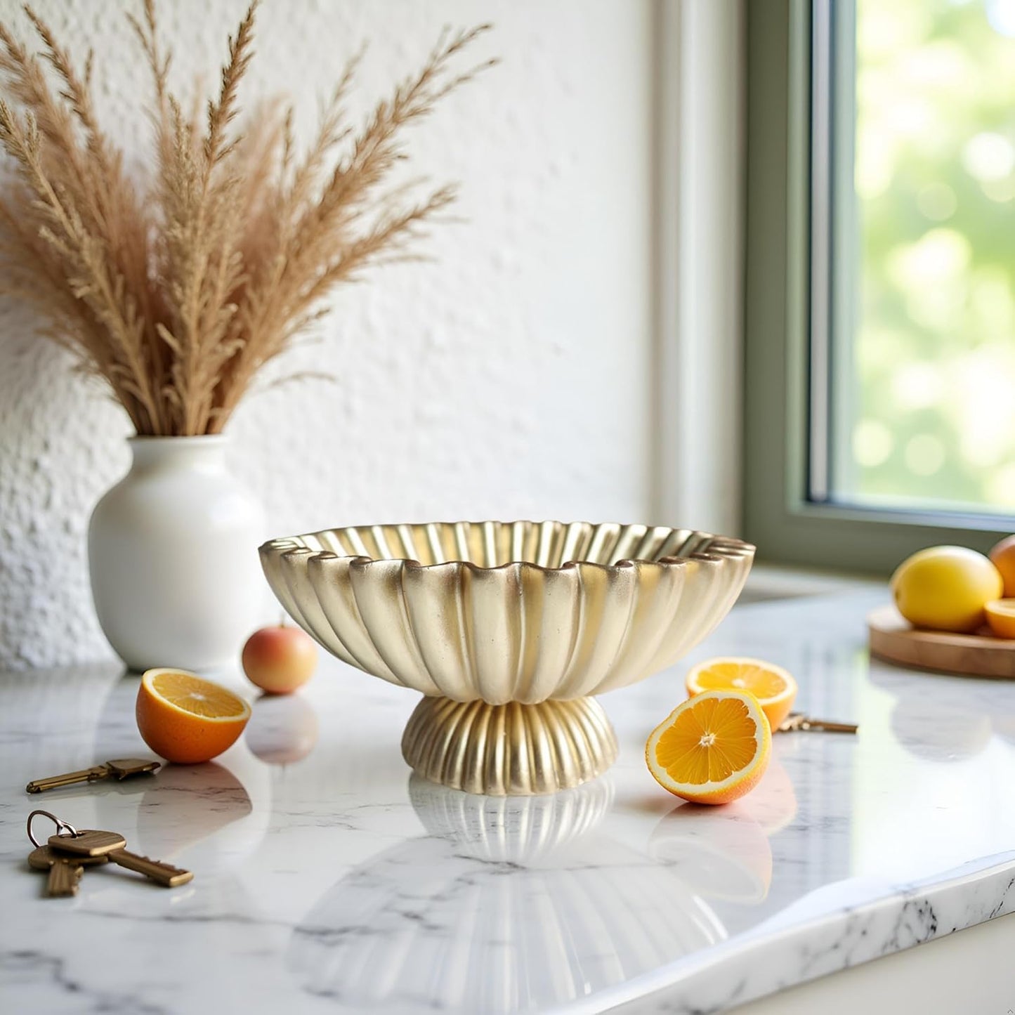 10" Large Decorative Bowl decor, Scalloped Bowls for Modern Home Decor,Ruffle Decor,Stylish Key Bowl for Entry Table,Decorative Fruit Bowl for Kitchen Counter,With base,Golden