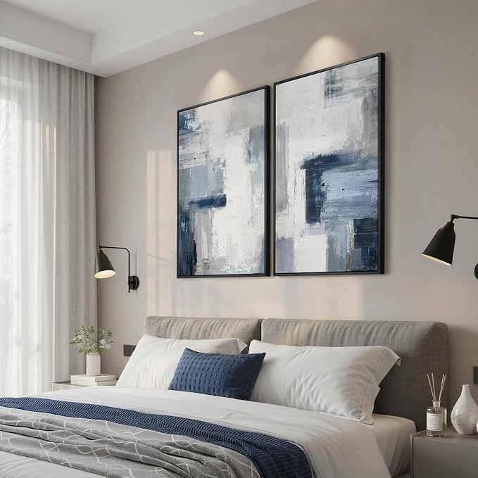 Large Framed Blue Gray Abstract Wall Art Set of 2, Modern Canvas Artwork for Living Room Walls, Minimalist Cool Tone Print Paintings for Bedroom Hallway Home Office Dining Room Wall Decor, 24x36 Inch