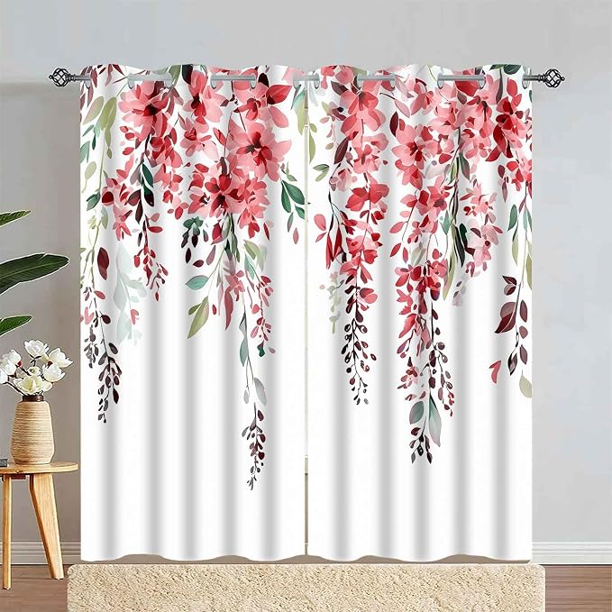 Red Watercolor Floral Curtains 84 inches Long, Botanical Leaves Vine Flowers Rustic Farmhouse Curtains, Blackout Window Treatment Drapes for Bedroom Living Room 42x84inch, 2 Panels