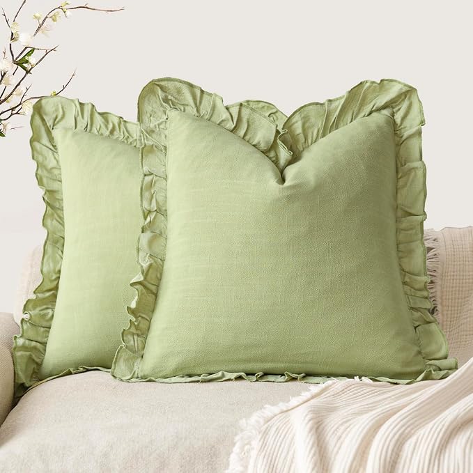 Foindtower Set of 2 Decorative Linen Fringe Ruffle Throw Pillow Covers Soft Boho Farmhouse Cushion Cover Cozy Accent Retro Pillowcase for Couch Sofa Bed Living Room Home Decor,20×20 Inch,Light Green