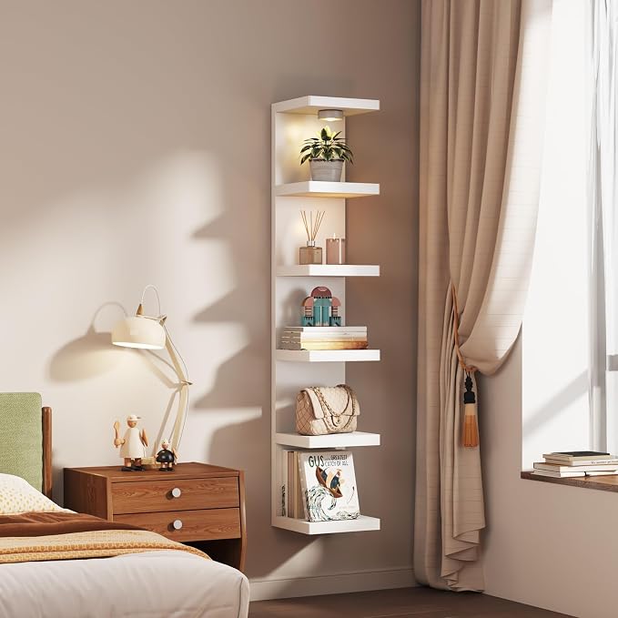 6-Tier Wall Shelf Unit with USB Rechargeable Led Light (Remote Controlled),Versatile Floating Display Shelves,Lack Style Wall Shelves for Bedroom,Living Room,Office Decor,Vanity-White