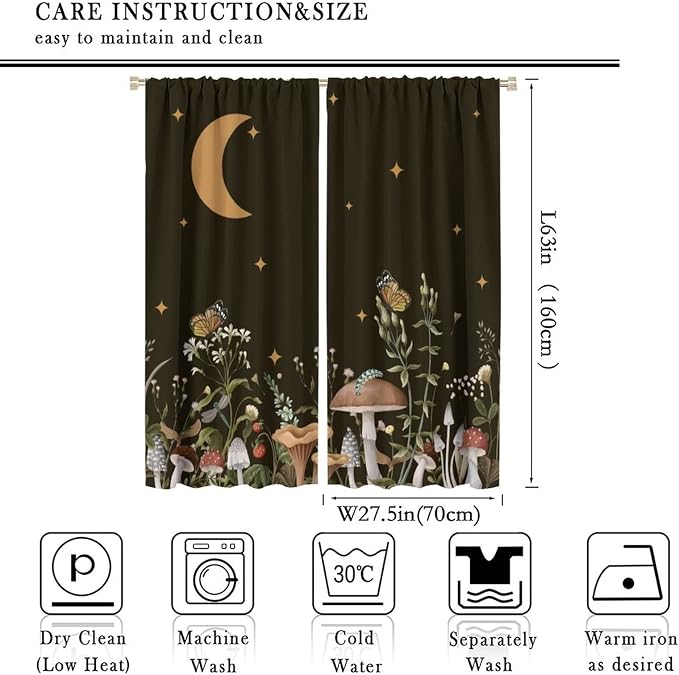 Wild Mushroom Blackout Curtains,Retro Floral Plants Boho Moon Star Window Drapes,Butterfly Botanical for Living Room Kitchen Bedroom,Black Background 55x63in