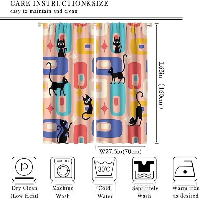 JESTRONRY Mid Century Style Curtains, Black Cat Modern Abstract Geometric 1950s 60s Vintage Colorful Blackout Rod Pocket Window Drapes for Living Room Bedroom Home Decor 55x63in
