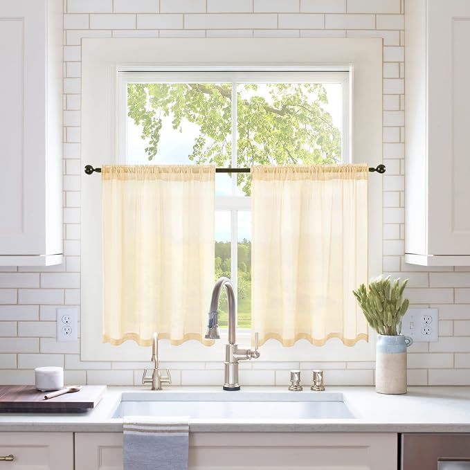 MIULEE Short Sheer Curtains 30 Inch Length for Kitchen Bathroom Cafe Half Window Treatment, Rod Pocket Tier Curtains 2 Panels, 29x30 Inches Long, Cream Beige
