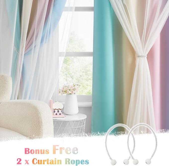 Rainbow Ombre 100% Blackout Curtains 63 Inches Long 2 Panels for Kids Bedroom Living Room Double Layer Sheer Overlay Mix & Match Grommet Thermal Insulated Soundproof Drapes with Tiebacks