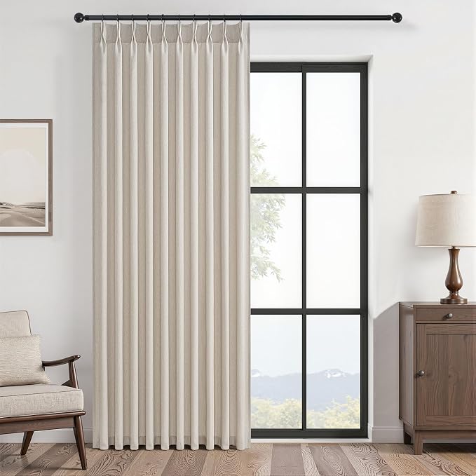 Oatmeal Pinch Pleated Linen Curtains 84 Inch Length 1 Panels for Bedroom Living Room Textured Semi Sheer Window Curtain Boho Neutral Back Tab Pinch Pleat Drape with Hooks 84 Inches Long