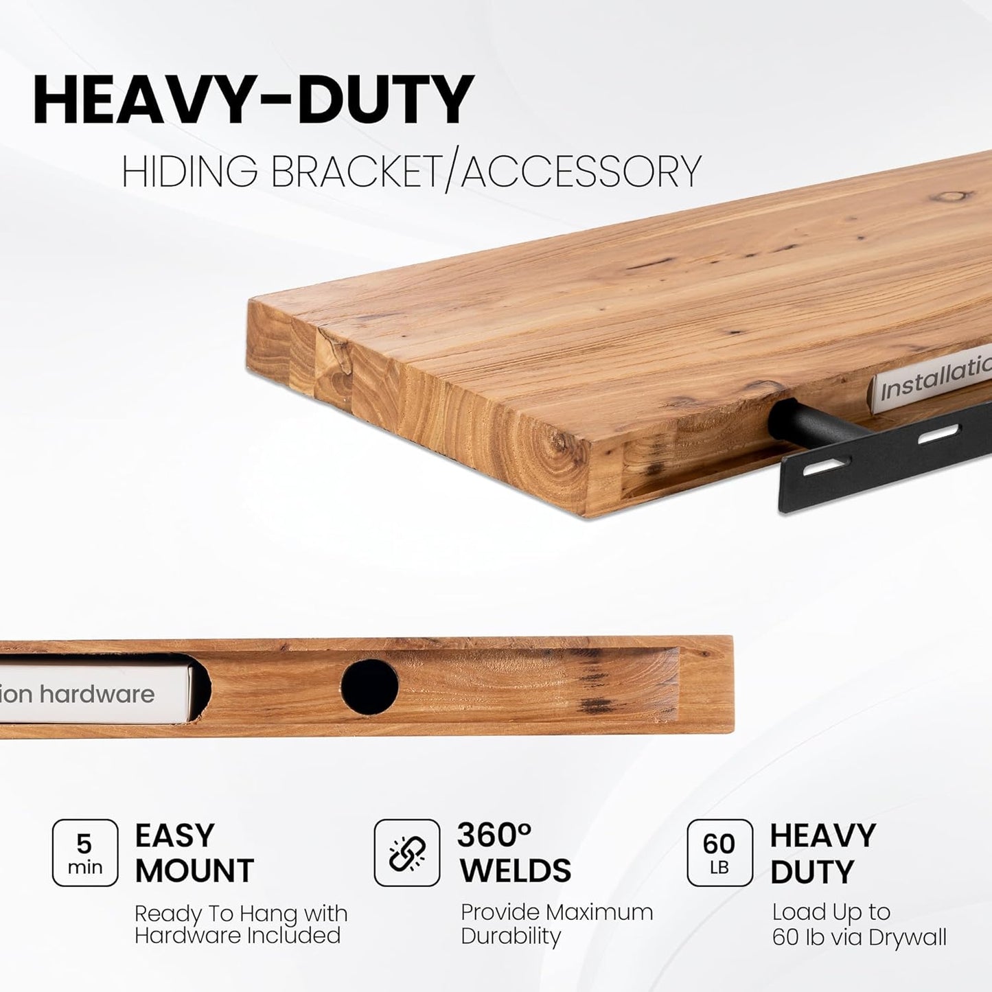 Fun Memories Solid Elm Wood Floating Shelves, 36 Inch Floating Shelves for Wall, Wall-Mounted Wooden Shelves with Invisible Heavy-Duty Brackets for Books, Bathroom, Kitchen, Natural, 2 Pack